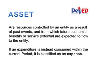 Are resources controlled by an entity as a result
of past events, and from which future economic
benefits or service potential are expected to flow
to the entity.
If an expenditure is instead consumed within the
current Period, it is classified as an expense.
 