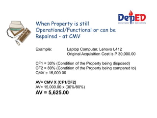 When Property is still
Operational/Functional or can be
Repaired - at CMV
Example: Laptop Computer, Lenovo L412
Original Acquisition Cost is P 30,000.00
CF1 = 30% (Condition of the Property being disposed)
CF2 = 80% (Condition of the Property being compared to)
CMV = 15,000.00
AV= CMV X (CF1/CF2)
AV= 15,000.00 x (30%/80%)
AV = 5,625.00
 