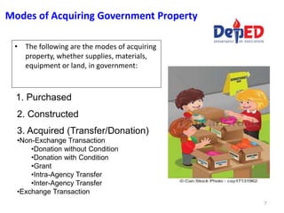 Modes of Acquiring Government Property
• The following are the modes of acquiring
property, whether supplies, materials,
equipment or land, in government:
7
2. Constructed
1. Purchased
3. Acquired (Transfer/Donation)
•Non-Exchange Transaction
•Donation without Condition
•Donation with Condition
•Grant
•Intra-Agency Transfer
•Inter-Agency Transfer
•Exchange Transaction
 