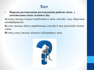 Тест
1. Порядок розташування розташування робочих місць у
доготівельннх цехах залежить від:
А) класу закладу, кількості робітників у зміні, способу і часу зберігання
напівфабрикатів;
Б) типу закладу, обсягу виробництва, способу й часу реалізації готових
страв;
В) типу, класу закладу, кількості обладнання у цеху.
 