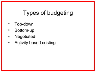 Types of budgeting
• Top-down
• Bottom-up
• Negotiated
• Activity based costing
 