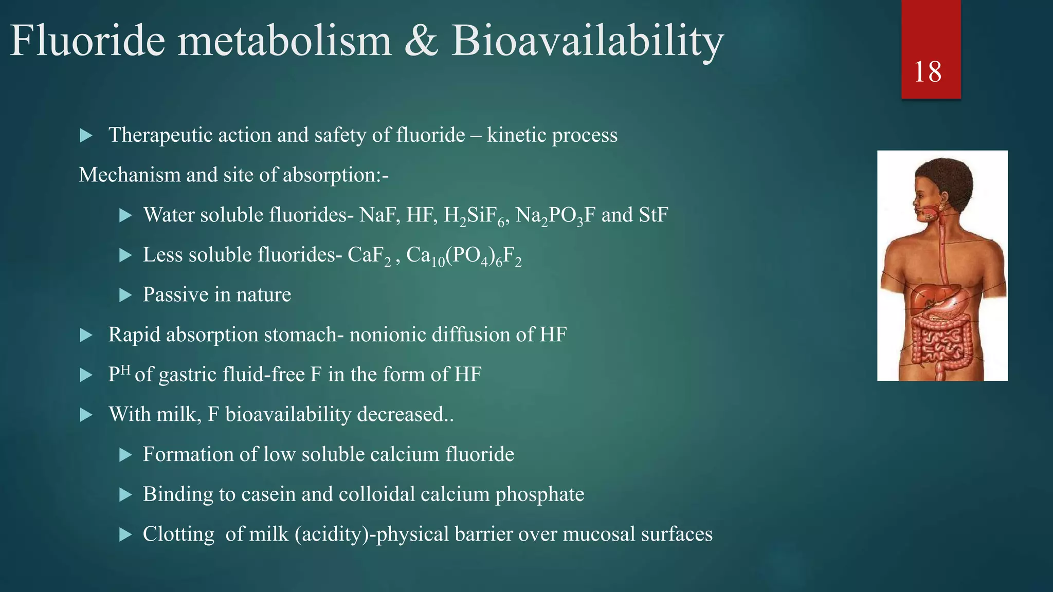 Fluoride metabolism & Bioavailability
 Therapeutic action and safety of fluoride – kinetic process
Mechanism and site of absorption:-
 Water soluble fluorides- NaF, HF, H2SiF6, Na2PO3F and StF
 Less soluble fluorides- CaF2 , Ca10(PO4)6F2
 Passive in nature
 Rapid absorption stomach- nonionic diffusion of HF
 PH of gastric fluid-free F in the form of HF
 With milk, F bioavailability decreased..
 Formation of low soluble calcium fluoride
 Binding to casein and colloidal calcium phosphate
 Clotting of milk (acidity)-physical barrier over mucosal surfaces
18
 