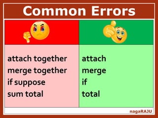 Common Errors
nagaRAJU
attach together
merge together
if suppose
sum total
attach
merge
if
total
 