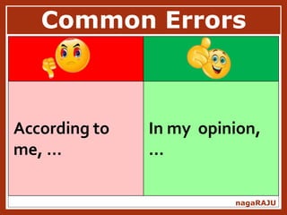 Common Errors
nagaRAJU
According to
me, …
In my opinion,
…
 