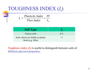 17
Toughness index (It) is useful to distinguish between soils of
different physical properties.
TOUGHNESS INDEX (It)
F
t
I
PI
IndexFlow
IndexPlasticity
I 
Soil Type It
Clayey soils 0-3
Soils which are friable at plastic
limit (e.g. Silts)
<1
 