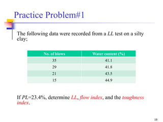 19
The following data were recorded from a LL test on a silty
clay;
If PL=23.4%, determine LL, flow index, and the toughness
index.
Practice Problem#1
No. of blows Water content (%)
35 41.1
29 41.8
21 43.5
15 44.9
 