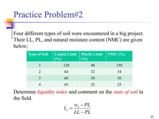 22
Practice Problem#2
Four different types of soil were encountered in a big project.
Their LL, PL, and natural moisture content (NMC) are given
below;
Determine liquidity index and comment on the state of soil in
the field.
Type of Soil Liquid Limit
(%)
Plastic Limit
(%)
NMC (%)
1 120 40 150
2 64 32 34
3 60 30 30
4 65 32 25
PLLL
PLw
I n
L



 