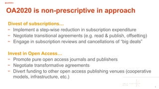@oa2020ini
9
OA2020 is non-prescriptive in approach
Divest of subscriptions…
− Implement a step-wise reduction in subscrip...