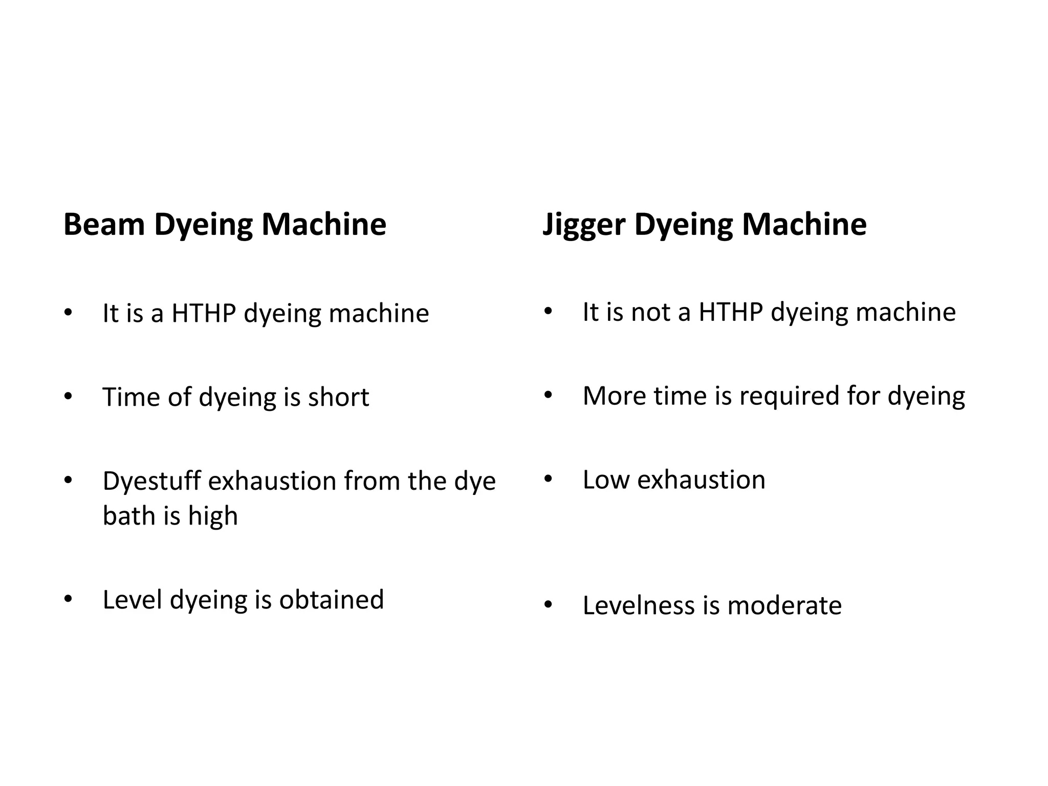 Beam Dyeing Machine
• It is a HTHP dyeing machine
• Time of dyeing is short
• Dyestuff exhaustion from the dye
bath is high
• Level dyeing is obtained
Jigger Dyeing Machine
• It is not a HTHP dyeing machine
• More time is required for dyeing
• Low exhaustion
• Levelness is moderate
 