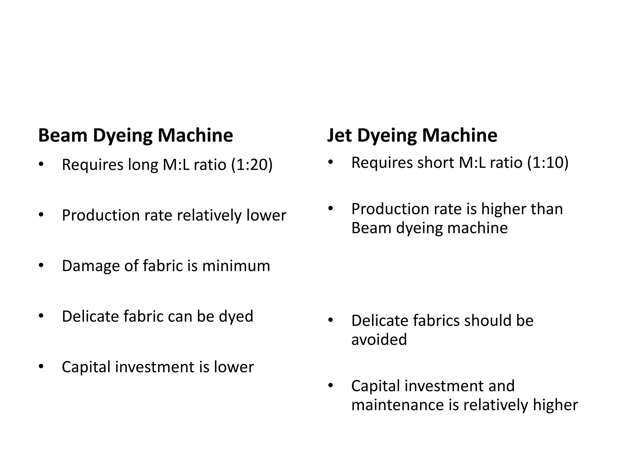 Beam Dyeing Machine
• Requires long M:L ratio (1:20)
• Production rate relatively lower
• Damage of fabric is minimum
• Delicate fabric can be dyed
• Capital investment is lower
Jet Dyeing Machine
• Requires short M:L ratio (1:10)
• Production rate is higher than
Beam dyeing machine
• Delicate fabrics should be
avoided
• Capital investment and
maintenance is relatively higher
 