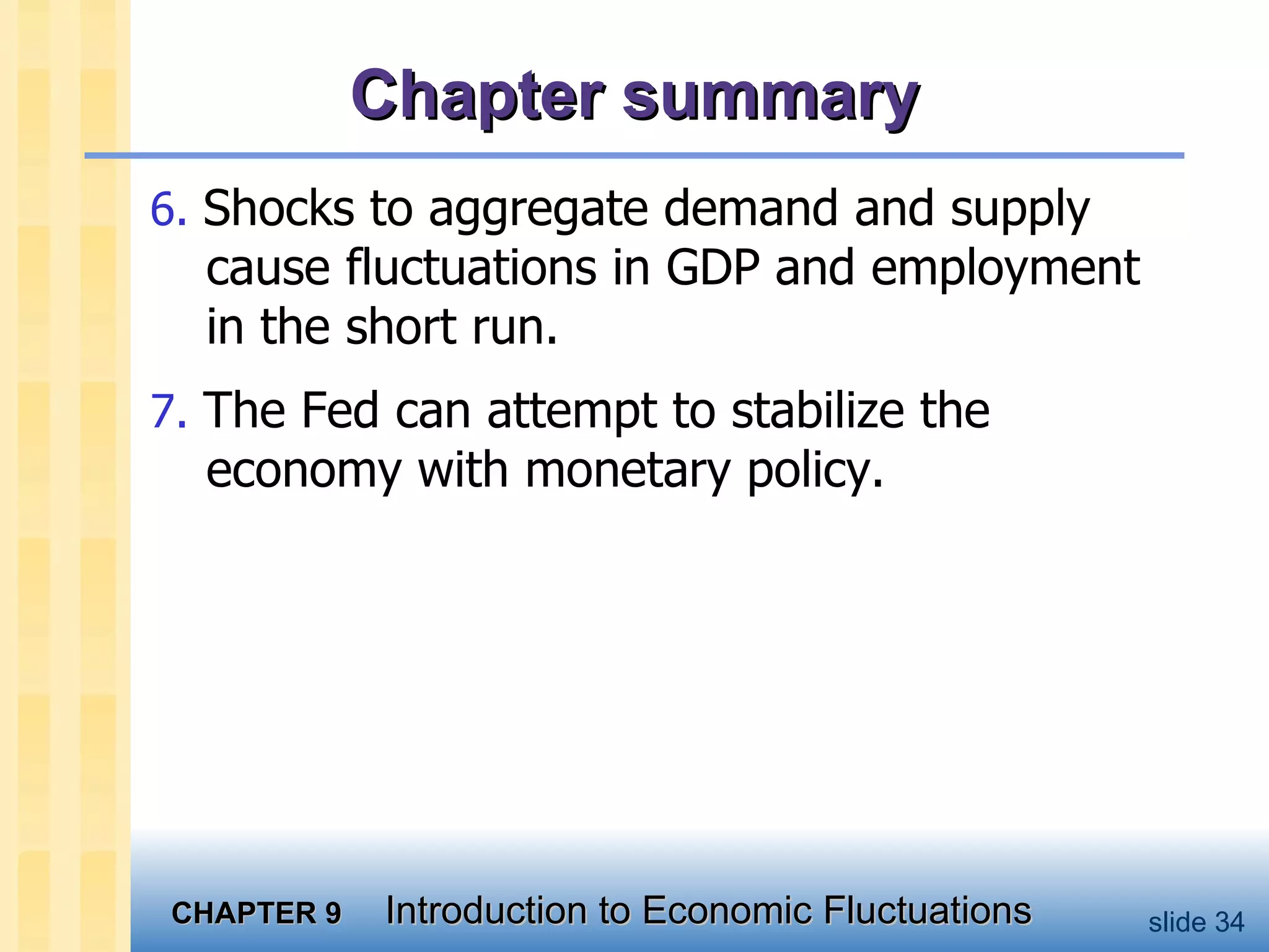 Chapter summary 6.  Shocks to aggregate demand and supply cause fluctuations in GDP and employment in the short run. 7.  The Fed can attempt to stabilize the economy with monetary policy.  