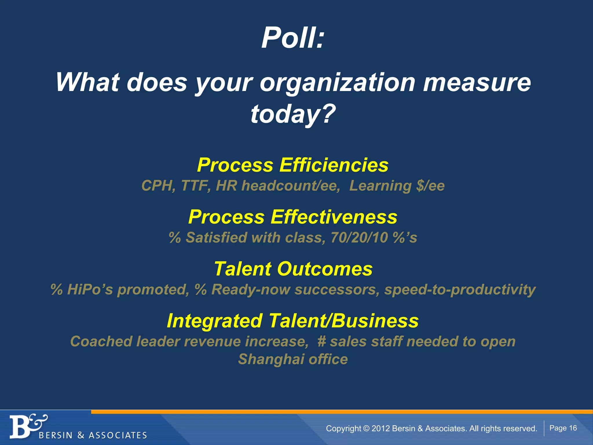 Poll:
What does your organization measure
              today?
                   Process Efficiencies
           CPH, TTF, HR headcount/ee, Learning $/ee

                  Process Effectiveness
               % Satisfied with class, 70/20/10 %’s

                     Talent Outcomes
% HiPo’s promoted, % Ready-now successors, speed-to-productivity

               Integrated Talent/Business
  Coached leader revenue increase, # sales staff needed to open
                        Shanghai office



                                     Copyright © 2012 Bersin & Associates. All rights reserved.   Page 16
 