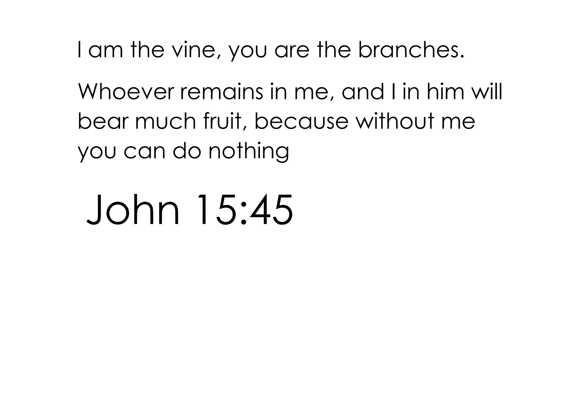 l am the vine, you are the branches.
Whoever remains in me, and I in him will
bear much fruit, because without me
you can do nothing

John 15:45
 