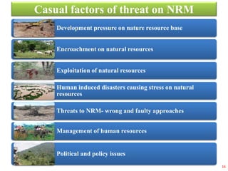 Casual factors of threat on NRM
Development pressure on nature resource base
Encroachment on natural resources
Exploitation of natural resources
Human induced disasters causing stress on natural
resources
Threats to NRM- wrong and faulty approaches
Management of human resources
Political and policy issues
16
 