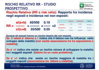 Martino Trapani
Direzione Medica P.O. Garbagnate Milanese –ASST RHODENSE
RISCHIO RELATIVO RR – STUDIO
PROSPETTIVO
Rischio Relativo (RR o risk ratio): Rapporto fra incidenza
negli esposti e incidenza nei non esposti:
a/(a+b) 50/500 0.10
RR = -------- = --------- = ------ =2
c/(c+d) 25/500 0.05
Dunque gli esposti hanno un rischio doppio dei non esposti.
Se il valore e' attorno a 1 indica che il fattore non ha inﬂuenza nello
sviluppo della malattia (non esiste associazione tra tra esposizione e
malattia);
Se e' <1 indica che esiste un rischio minore di sviluppare la malattia
tra i soggetti esposti (fattore ha un ruolo protettivo);
Se e' >1 indica che esiste un rischio maggiore di malattia tra i
soggetti esposti (associazione tra fattore e malattia);
 