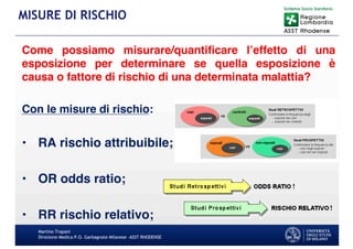 Come possiamo misurare/quantiﬁcare l’effetto di una
esposizione per determinare se quella esposizione è
causa o fattore di rischio di una determinata malattia?
Con le misure di rischio:
• RA rischio attribuibile;
• OR odds ratio;
• RR rischio relativo;
Martino Trapani
Direzione Medica P.O. Garbagnate Milanese –ASST RHODENSE
MISURE DI RISCHIO
 
