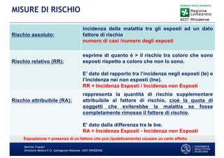 Martino Trapani
Direzione Medica P.O. Garbagnate Milanese –ASST RHODENSE
MISURE DI RISCHIO
Rischio assoluto:
incidenza della malattia tra gli esposti ad un dato
fattore di rischio
numero di casi /numero degli esposti
Rischio relativo (RR):
esprime di quanto è > il rischio tra coloro che sono
esposti rispetto a coloro che non lo sono.
E’ dato dal rapporto tra l’incidenza negli esposti (Ie) e
l’incidenza nei non esposti (Ine).
RR = Incidenza Esposti / Incidenza non Esposti
Rischio attribuibile (RA):
rappresenta la quantità di rischio supplementare
attribuibile al fattore di rischio, cioè la quota di
soggetti che eviterebbe la malattia se fosse
completamente rimosso il fattore di rischio.
E’ dato dalla differenza tra Ie Ine.
RA = Incidenza Esposti - Incidenza non Esposti
Esposizione = presenza di un fattore che può (ipoteticamente) causare un certo effetto
 