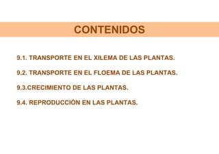 9.1. TRANSPORTE EN EL XILEMA DE LAS PLANTAS.
9.2. TRANSPORTE EN EL FLOEMA DE LAS PLANTAS.
9.3.CRECIMIENTO DE LAS PLANTAS.
9.4. REPRODUCCIÓN EN LAS PLANTAS.
CONTENIDOS
 