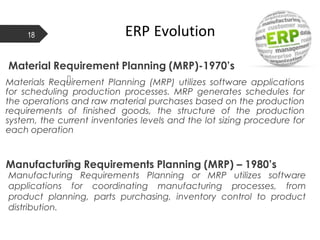 ERP Evolution18

Material Requirement Planning (MRP)-1970’s
Materials Requirement Planning (MRP) utilizes software applications
for scheduling production processes. MRP generates schedules for
the operations and raw material purchases based on the production
requirements of finished goods, the structure of the production
system, the current inventories levels and the lot sizing procedure for
each operation
Manufacturing Requirements Planning (MRP) – 1980’s
Manufacturing Requirements Planning or MRP utilizes software
applications for coordinating manufacturing processes, from
product planning, parts purchasing, inventory control to product
distribution.
 