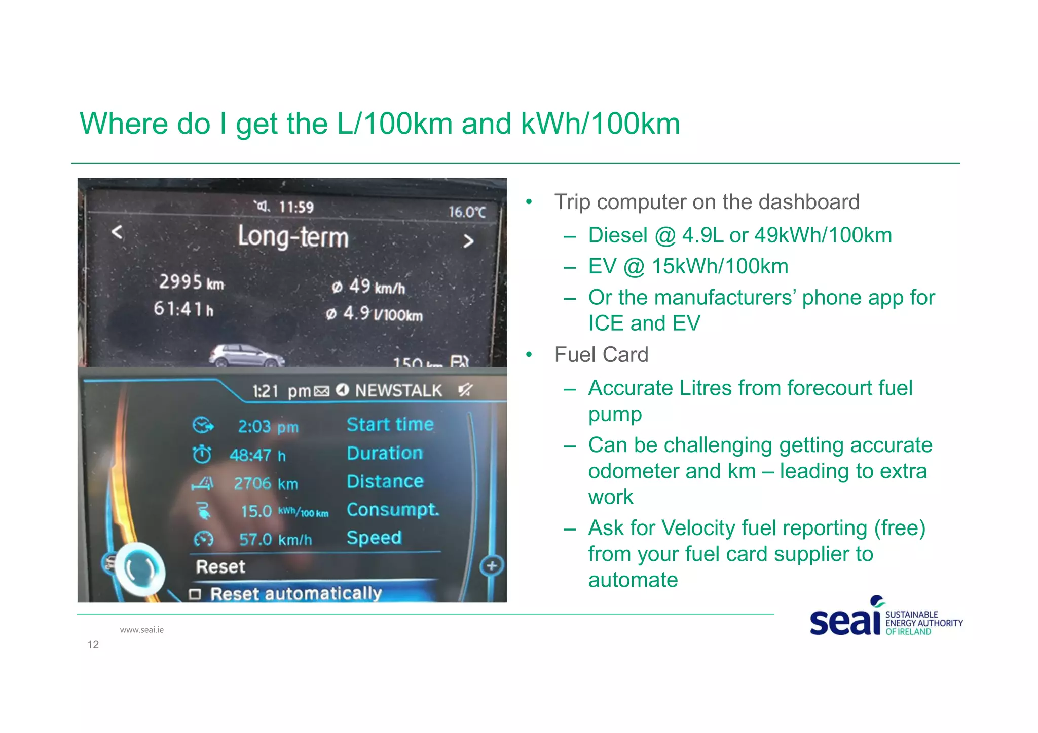 Where do I get the L/100km and kWh/100km
• Trip computer on the dashboard
– Diesel @ 4.9L or 49kWh/100km
– EV @ 15kWh/100km
– Or the manufacturers’ phone app for
ICE and EV
• Fuel Card
– Accurate Litres from forecourt fuel
pump
– Can be challenging getting accurate
odometer and km – leading to extra
work
– Ask for Velocity fuel reporting (free)
from your fuel card supplier to
automate
12
www.seai.ie
 
