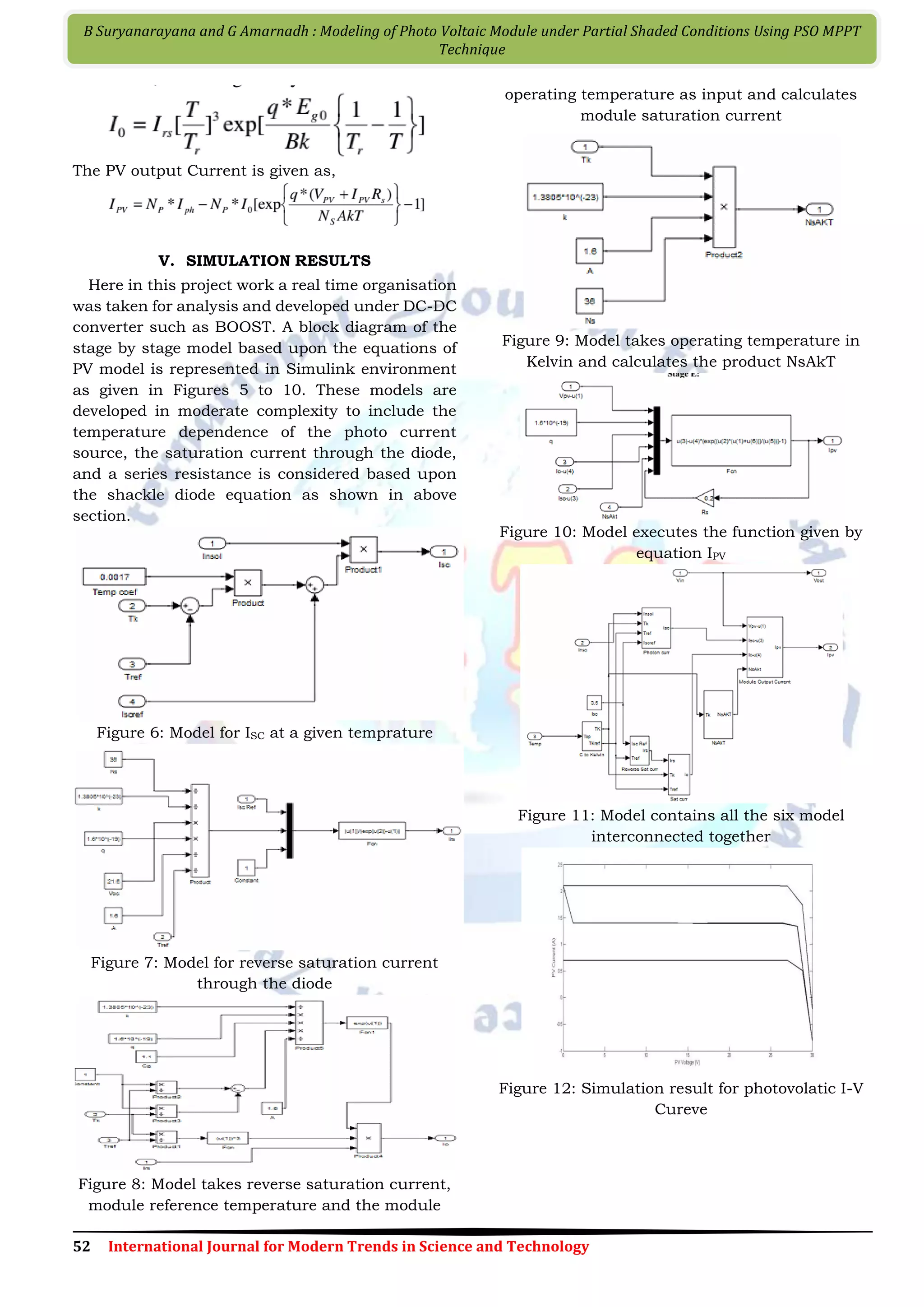52 International Journal for Modern Trends in Science and Technology B Suryanarayana and G Amarnadh : Modeling of Photo Voltaic Module under Partial Shaded Conditions Using PSO MPPT Technique The PV output Current is given as, V. SIMULATION RESULTS Here in this project work a real time organisation was taken for analysis and developed under DC-DC converter such as BOOST. A block diagram of the stage by stage model based upon the equations of PV model is represented in Simulink environment as given in Figures 5 to 10. These models are developed in moderate complexity to include the temperature dependence of the photo current source, the saturation current through the diode, and a series resistance is considered based upon the shackle diode equation as shown in above section. Figure 6: Model for ISC at a given temprature Figure 7: Model for reverse saturation current through the diode Figure 8: Model takes reverse saturation current, module reference temperature and the module operating temperature as input and calculates module saturation current Figure 9: Model takes operating temperature in Kelvin and calculates the product NsAkT Figure 10: Model executes the function given by equation IPV Figure 11: Model contains all the six model interconnected together Figure 12: Simulation result for photovolatic I-V Cureve 