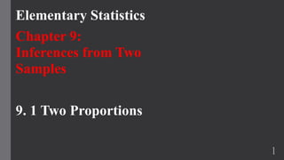 Elementary Statistics
Chapter 9:
Inferences from Two
Samples
9. 1 Two Proportions
1
 