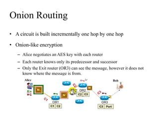 Onion Routing
• A circuit is built incrementally one hop by one hop
• Onion-like encryption
– Alice negotiates an AES key with each router
– Each router knows only its predecessor and successor
– Only the Exit router (OR3) can see the message, however it does not
know where the message is from.
 