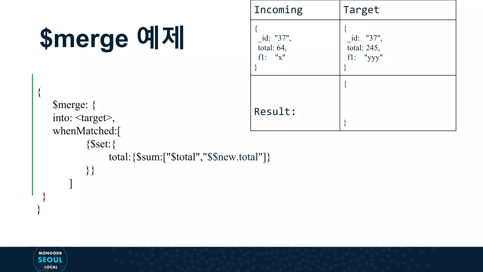 $merge 예제 { $merge: { into: <target>, whenMatched:[ {$set:{ total:{$sum:["$total","$$new.total"]} }} ] } } Incoming Target { _id: "37", total: 64, f1: "x" } { _id: "37", total: 245, f1: "yyy" } Result: { } 