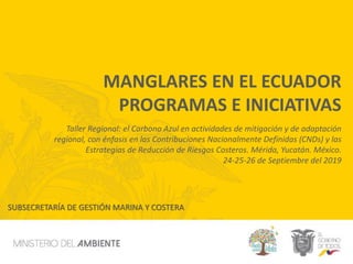 MANGLARES EN EL ECUADOR
PROGRAMAS E INICIATIVAS
Taller Regional: el Carbono Azul en actividades de mitigación y de adaptación
regional, con énfasis en las Contribuciones Nacionalmente Definidas (CNDs) y las
Estrategias de Reducción de Riesgos Costeros. Mérida, Yucatán. México.
24-25-26 de Septiembre del 2019
SUBSECRETARÍA DE GESTIÓN MARINA Y COSTERA
 