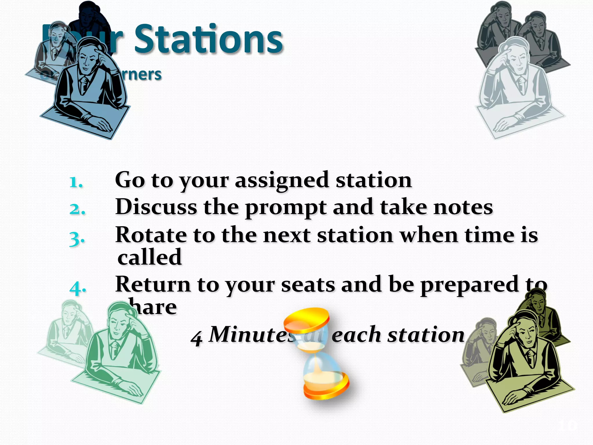 Four	
  Sta3ons	
  
or	
  Four	
  Corners	
  




     1.       Go	
  to	
  your	
  assigned	
  station	
  
     2.       Discuss	
  the	
  prompt	
  and	
  take	
  notes	
  
     3.       Rotate	
  to	
  the	
  next	
  station	
  when	
  time	
  is	
  
              called	
  
     4.       Return	
  to	
  your	
  seats	
  and	
  be	
  prepared	
  to	
  
              share	
  
                           4	
  Minutes	
  at	
  each	
  station	
  	
  


                                                                                 10
 