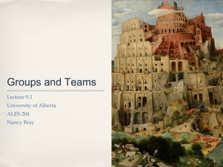 Groups and Teams
Lecture 9.1
University of Alberta
ALES 204
Nancy Bray




                        1
 