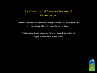Avances técnicos en diferentes campos de la actividad humana, 
en relación con los efectos sobre el entorno. 
Visión actualizada sobre los límites, derechos, deberes, 
responsabilidades y funciones. 
La eficiencia del Derecho Ambiental depende de:  