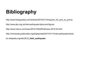 Bibliography
http://www.foreignpolicy.com/articles/2010/01/14/requiem_for_port_au_prince

http://www.dec.org.uk/haiti-earthquake-facts-and-figures

http://www.nature.com/news/2010/100225/full/news.2010.93.html

http://minnesota.publicradio.org/display/web/2011/01/11/haiti-earthquake-facts/

en.wikipedia.org/wiki/2010_Haiti_earthquake
 