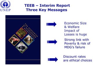 TEEB – Interim Report
Three Key Messages
Economic Size
& Welfare
Impact of
Losses is huge
Strong link with
Poverty & risk of
MDG’s failure
Discount rates
are ethical choices
 