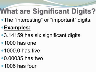 What are Significant Digits?
The “interesting” or “important” digits.
Examples:
3.14159 has six significant digits
1000 has one
1000.0 has five
0.00035 has two
1006 has four
 