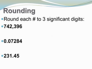 Rounding
Round each # to 3 significant digits:
742,396
0.07284
231.45
 