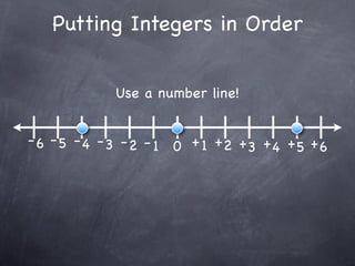 Putting Integers in Order


            Use a number line!


- 6 - 5 - 4 - 3 - 2 - 1 0 + 1 +2 + + + +
                                  3 4 5 6
 