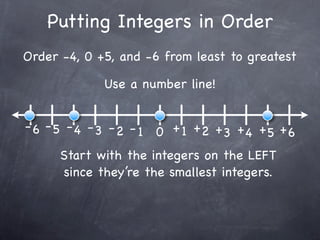Putting Integers in Order
Order -4, 0 +5, and -6 from least to greatest

             Use a number line!


- 6 - 5 - 4 - 3 - 2 - 1 0 + 1 +2 + + + +
                                  3 4 5 6
      Start with the integers on the LEFT
      since they’re the smallest integers.
 