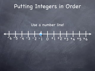 Putting Integers in Order


            Use a number line!


- 6 - 5 - 4 - 3 - 2 - 1 0 + 1 +2 + + + +
                                  3 4 5 6
 