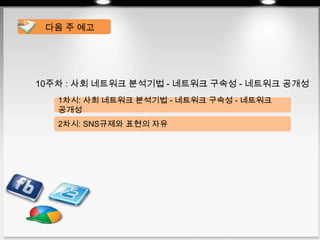 10주차 : 사회 네트워크 분석기법 - 네트워크 구속성 - 네트워크 공개성
다음 주 예고
1차시: 사회 네트워크 분석기법 - 네트워크 구속성 - 네트워크
공개성
2차시: SNS규제와 표현의 자유
 