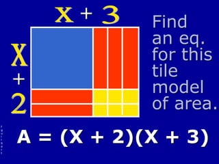 f
g
u
i
l
b
e
r
t
+
+
A = (X + 2)(X + 3)
Find
an eq.
for this
tile
model
of area.
 
