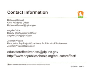 Contact Information
Rebecca Garland
Chief Academic Officer
Rebecca.Garland@dpi.nc.gov

Angela Quick
Deputy Chief Academic Officer
Angela.Quick@dpi.nc.gov

Jennifer Preston
Race to the Top Project Coordinator for Educator Effectiveness
Jennifer.Preston@dpi.nc.gov

educatoreffectiveness@dpi.nc.gov
http://www.ncpublicschools.org/educatoreffect/

                                                                 10/2/2012 • page 73
 