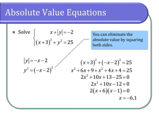 Absolute Value Equations
⚫ Solve
( )
 + = −

+ + =
2 2
2
3 25
x y
x y
= − −2y x
( )= − −
22
2y x
( ) ( )+ + − − =
2 2
3 2 25x x
+ + + + + =2 2
6 9 4 4 25x x x x
+ + − =2
2 10 13 25 0x x
+ − =2
2 10 12 0x x
( )( )+ − =2 6 1 0x x
= −6,1x
You can eliminate the
absolute value by squaring
both sides.
 