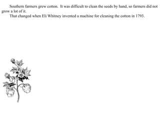 Southern farmers grew cotton. It was difficult to clean the seeds by hand, so farmers did not
grow a lot of it.
That changed when Eli Whitney invented a machine for cleaning the cotton in 1793.
 
