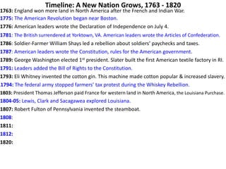 Timeline: A New Nation Grows, 1763 - 1820
1763: England won more land in North America after the French and Indian War.
1775: The American Revolution began near Boston.
1776: American leaders wrote the Declaration of Independence on July 4.
1781: The British surrendered at Yorktown, VA. American leaders wrote the Articles of Confederation.
1786: Soldier-Farmer William Shays led a rebellion about soldiers’ paychecks and taxes.
1787: American leaders wrote the Constitution, rules for the American government.
1789: George Washington elected 1st president. Slater built the first American textile factory in RI.
1791: Leaders added the Bill of Rights to the Constitution.
1793: Eli Whitney invented the cotton gin. This machine made cotton popular & increased slavery.
I1794: The federal army stopped farmers’ tax protest during the Whiskey Rebellion.
1803: President Thomas Jefferson paid France for western land in North America, the Louisiana Purchase.
1804-05: Lewis, Clark and Sacagawea explored Louisiana.
1807: Robert Fulton of Pennsylvania invented the steamboat.
1808:
1811:
1812:
1820:
 