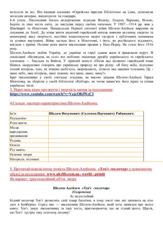 володіли не всі. Він видавав альманах «Єврейська народна бібліотека» на ідиш, допомагав
молодим авторам, виплачуючи їм гонорари.
6-й учень. Письменник багато подорожував: відвідав Женеву, Лондон, Варшаву, Вільно,
Берлін та інші міста світу, де виступав перед своїми читачами. У 1907—1914 рр. жив у
Швейцарії та Німеччині. Напередодні Першої світової війни Шолом-Алейхем вирушив на
лікування до Італії. До кінця життя видатний єврейський митець виявляв незламну енергію та
невичерпну жагу творчості, постійно влаштовуючи творчі гастролі з публічними читаннями
та усними виступами. Війна застала його в Німеччині, і його, як російського підданого,
вислали з країни. Останні роки життя письменник прожив у Нью-Йорку. Не стало його 1916
року.
Шолом-Алейхем любив Україну, де українці та євреї здавна жили й працювали поруч. В
оповіданні «Великдень на селі» він любовно змалював дружбу українського та єврейського
хлопчиків — Хведька та Файтла. У ліричній повісті «Пісня над піснями» єврейський юнак
Шимек зворушливо говорить про українську природу як про рідну: «Я бачу небо, відчуваю
теплий вітерець, чую, як пташки щебечуть, цвірінькають, літають над нашими головами. Це -
наше небо, наш вітерець, наші пташки, все наше, наше, наше!»
Брат письменника у своїх спогадах згадував, як високо цінував Шолом-Алейхем Тараса
Шевченка, як зберігав у своїй бібліотеці «Кобзар», як читав напам’ять його вірші та співав
українські пісні.
3. Переглянь відео про життя і творчість митця за посиланням:
https://www.youtube.com/watch?v=VajeO8JWeCI
4.Склади паспорт-характеристикуШолом-Алейхема.
Ім’я: Шолом Нохумович (Соломон Наумович) Рабинович.
Псевдонім:
Роки життя:
Місце
народження,
проживання:
Родина:
Освіта:
Рід занять:
Основні твори:
Нагороди, відзнаки:
5. Прочитай новелістичну повість Шолом-Алейхема «Тев′є -молочар» у повновному
обсязіза посиланням www.ukrlib.com.ua› world › printit
Як варіант- хрестоматійний об′єм твору
Шолом-Алейхем «Тев′є -молочар»
(Скорочено)
Аз недостойний
Бідний молочар Тев’є розвозить свій товар багатіям, в тому числі тим, які знімають на літо
дачі в Бойберіке. Серед них — письменник Шолом-Алейхем, який хоче написати про нього
книгу. Тев’є дякує письменнику за таку честь, приговорюючи, що не гідний цього. Щастя,
що Тев’є зустрів таку освічену людину!
 