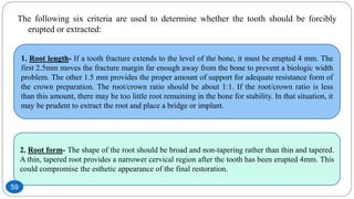 The following six criteria are used to determine whether the tooth should be forcibly
erupted or extracted:
1. Root length- If a tooth fracture extends to the level of the bone, it must be erupted 4 mm. The
first 2.5mm moves the fracture margin far enough away from the bone to prevent a biologic width
problem. The other 1.5 mm provides the proper amount of support for adequate resistance form of
the crown preparation. The root/crown ratio should be about 1:1. If the root/crown ratio is less
than this amount, there may be too little root remaining in the bone for stability. In that situation, it
may be prudent to extract the root and place a bridge or implant.
2. Root form- The shape of the root should be broad and non-tapering rather than thin and tapered.
A thin, tapered root provides a narrower cervical region after the tooth has been erupted 4mm. This
could compromise the esthetic appearance of the final restoration.
59
 