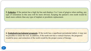 6. Endodontic/periodontal prognosis- If the tooth has a significant periodontal defect, it may not
be possible to retain the root. In addition, if the tooth root has a vertical fracture, the prognosis
would be poor, and extraction of the tooth would be the proper course of therapy.
5. Esthetics- If the patient has a high lip line and displays 2 to 3 mm of gingiva when smiling, any
type of restoration in this area will be more obvious. Keeping the patient’s own tooth would be
much more esthetic than any type of implant or prosthetic replacement.
61
 