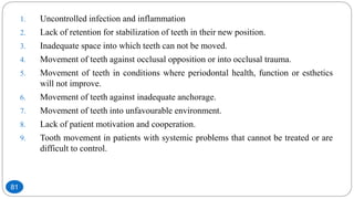 1. Uncontrolled infection and inflammation
2. Lack of retention for stabilization of teeth in their new position.
3. Inadequate space into which teeth can not be moved.
4. Movement of teeth against occlusal opposition or into occlusal trauma.
5. Movement of teeth in conditions where periodontal health, function or esthetics
will not improve.
6. Movement of teeth against inadequate anchorage.
7. Movement of teeth into unfavourable environment.
8. Lack of patient motivation and cooperation.
9. Tooth movement in patients with systemic problems that cannot be treated or are
difficult to control.
81
 