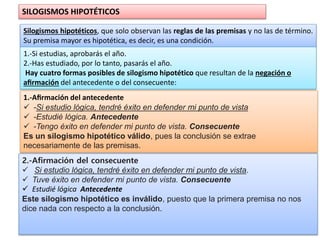 SILOGISMOS HIPOTÉTICOS
Silogismos hipotéticos, que solo observan las reglas de las premisas y no las de término.
Su premisa mayor es hipotética, es decir, es una condición.
1.-Si estudias, aprobarás el año.
2.-Has estudiado, por lo tanto, pasarás el año.
Hay cuatro formas posibles de silogismo hipotético que resultan de la negación o
aﬁrmación del antecedente o del consecuente:
1.-Aﬁrmación del antecedente
 -Si estudio lógica, tendré éxito en defender mi punto de vista
 -Estudié lógica. Antecedente
 -Tengo éxito en defender mi punto de vista. Consecuente
Es un silogismo hipotético válido, pues la conclusión se extrae
necesariamente de las premisas.
2.-Aﬁrmación del consecuente
 Si estudio lógica, tendré éxito en defender mi punto de vista.
 Tuve éxito en defender mi punto de vista. Consecuente
 Estudié lógica Antecedente
Este silogismo hipotético es inválido, puesto que la primera premisa no nos
dice nada con respecto a la conclusión.
 